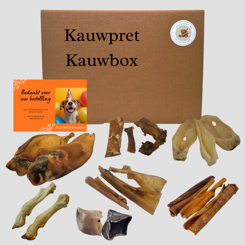 Deze snackbox bevat gevarieerde natuurlijke hondensnacks voor de echte kauwers, van medium harde tot harde kauwsnacks.