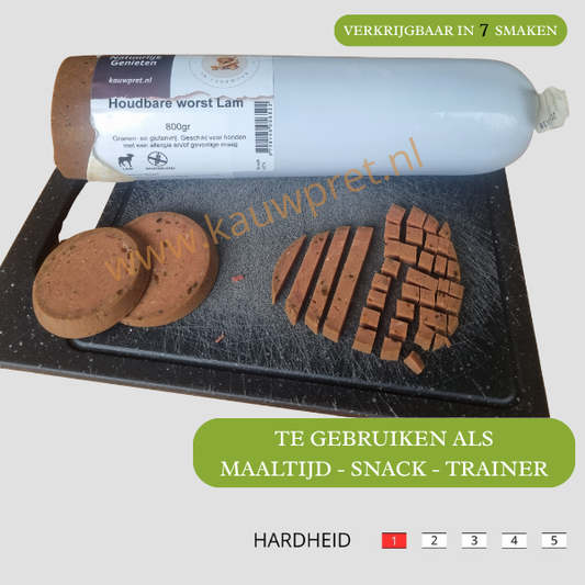 Geef je hond een gezonde en natuurlijke maaltijd met onze graanvrije hondenworst. Deze volledige hondenvoeding wordt gemaakt van vers gestoomd vlees, zodat alle natuurlijke smaken en voedingsstoffen behouden blijven. Dankzij de graan- en glutenvrije samenstelling is deze complete hondenmaaltijd ook perfect voor honden met een gevoelige maag of voedselallergieën. Onze natuurlijke hondenworsten zijn lang houdbaar, zonder kunstmatige toevoegingen, en ideaal als dagelijkse maaltijd of smakelijke traktatie.