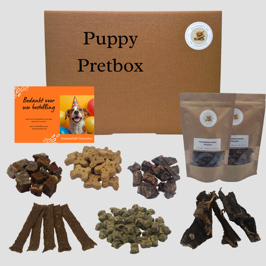 Deze snackbox bevat gevarieerde natuurlijke hondensnacks voor puppy's, van beloningssnacks tot zachtere kauwsnacks. 