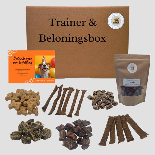 Deze snackbox bevat gevarieerde natuurlijke hondensnacks voor alle honden, van beloningssnacks en trainers.