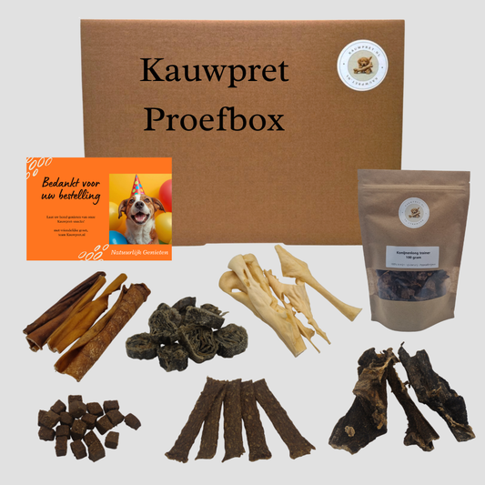 Deze snackbox bevat gevarieerde natuurlijke hondensnacks ter kennismaking van ons assortiment, van beloningssnacks tot zachtere kauwsnacks.
