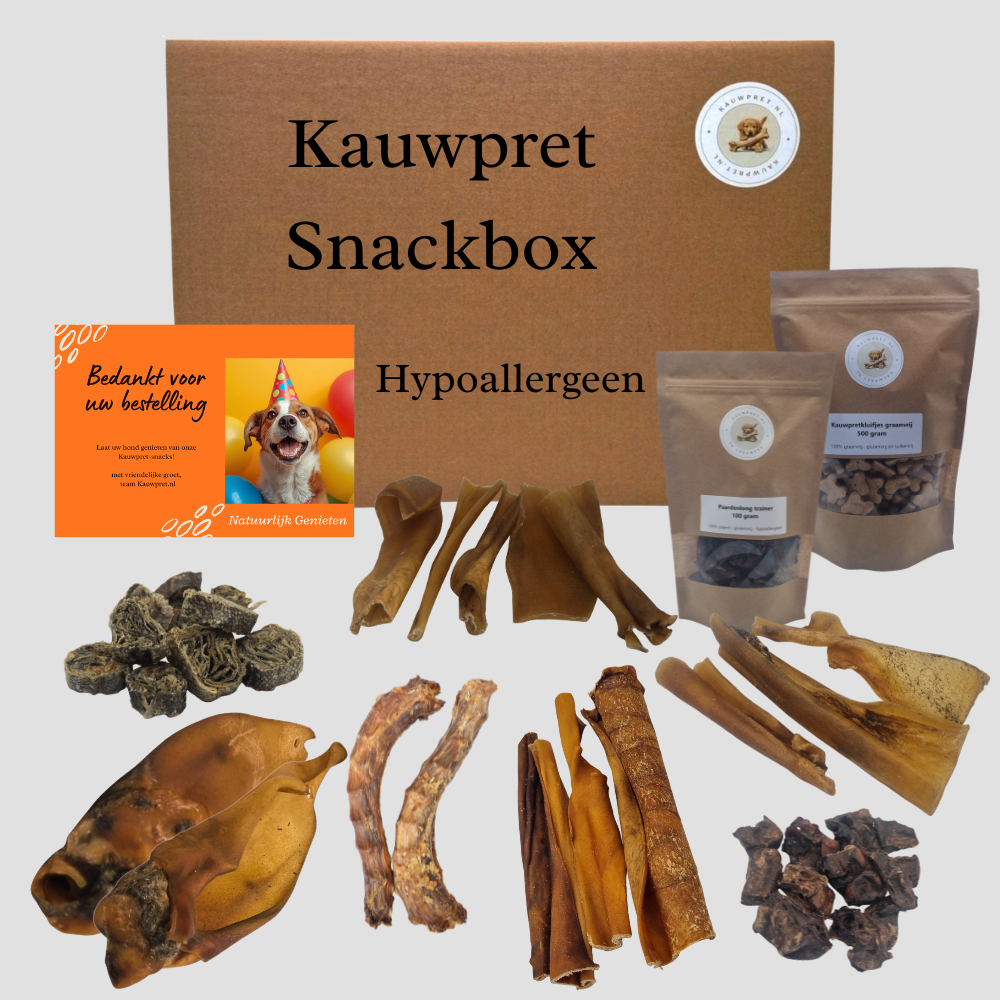 Deze snackbox bevat gevarieerde natuurlijke hypoallergene hondensnacks voor gevoelige honden, van beloningssnacks tot kauwsnacks.