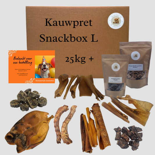 Deze snackbox bevat gevarieerde natuurlijke hondensnacks voor honden vanaf 25kg, van beloningssnacks tot harde kauwsnacks.
