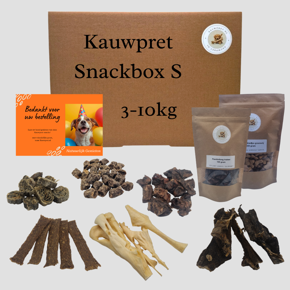 Deze snackbox bevat gevarieerde natuurlijke hondensnacks, voor honden van 3 tot 10kg, van beloningssnacks tot zachtere kauwsnacks. 