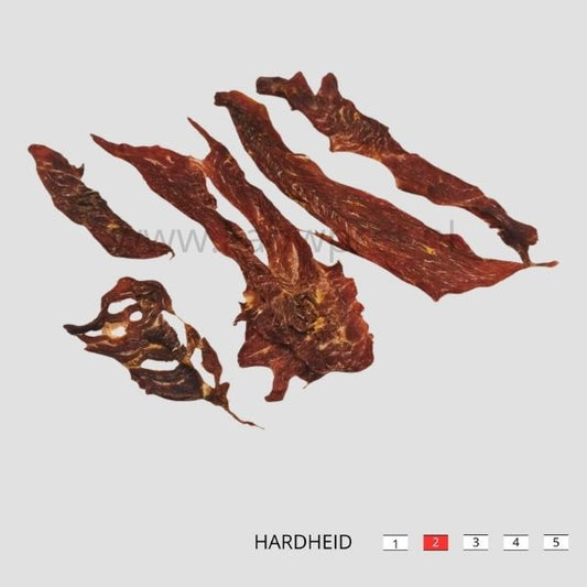 Paardensteak strips voor honden. 100% natuurlijke, hypoallergene kauwsnack, ideaal voor de minder harde kauwer. Perfect als gezonde snack
